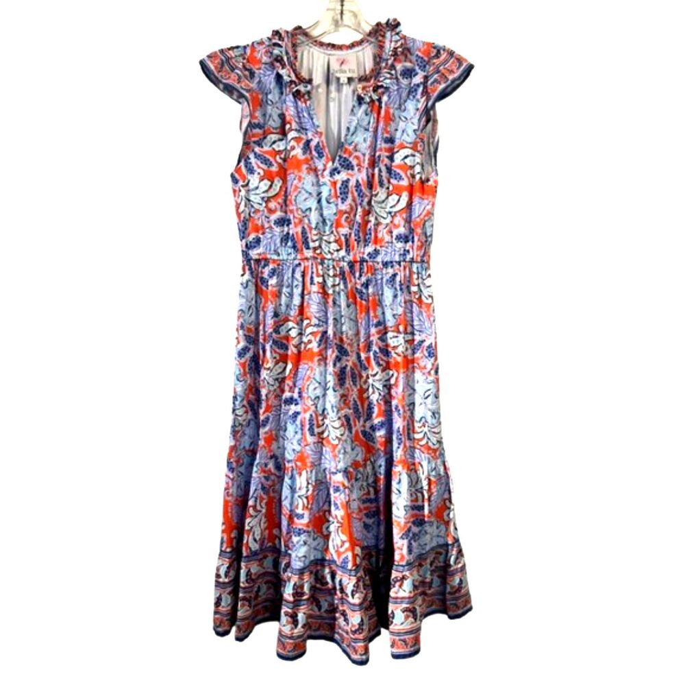 Bella Tu Cotton Block Print Tiered Midi Dress Medium Red/Orange Blue